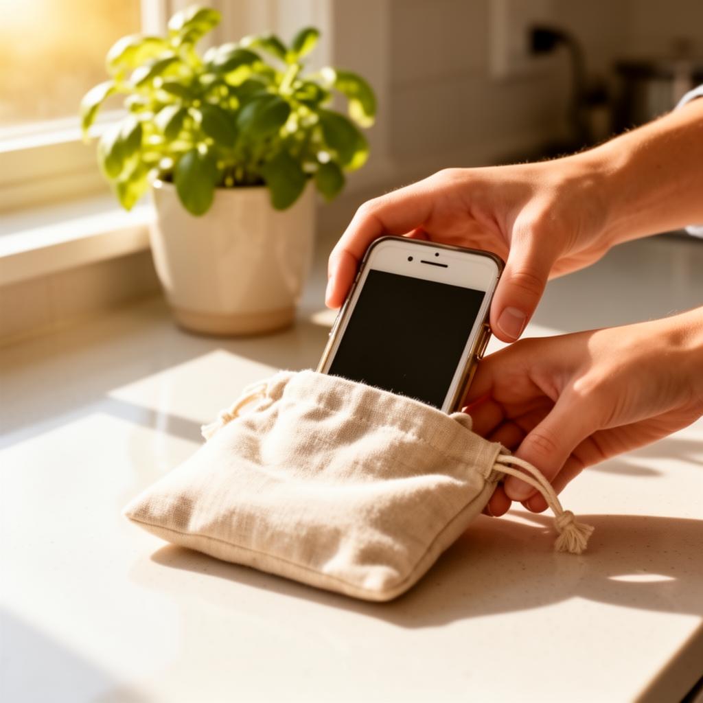 Hands placing an old smartphone into a fabric pouch on a sunlit counter